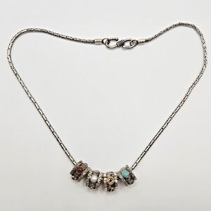 Geo Art Sterling Silver Necklace Byzantine Chain 4 Barrel Charms with Stones 16"